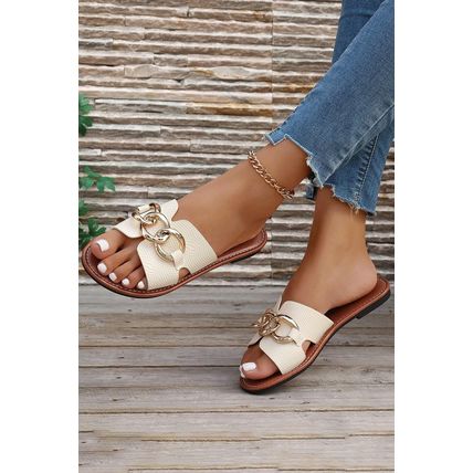 White Metal Decor Cutout PU Leather Flat Slippers
