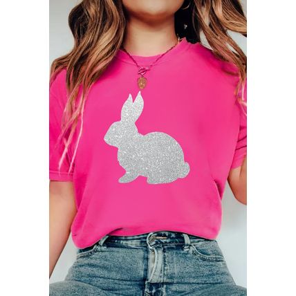 Rose Red Glitter Easter Bunny Graphic Crew Neck Tee