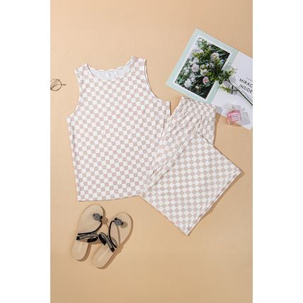 White Ribbed Texture Checkered Print 2pcs Tank and Pants Set