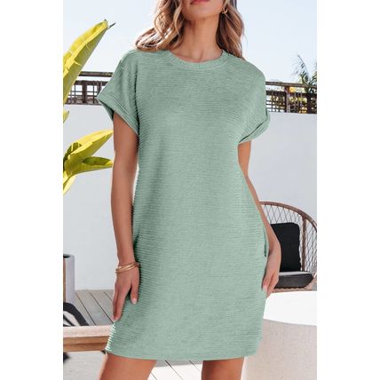 Grass Green Solid Color Textured Crinkle Short Sleeve T Shirt Dress