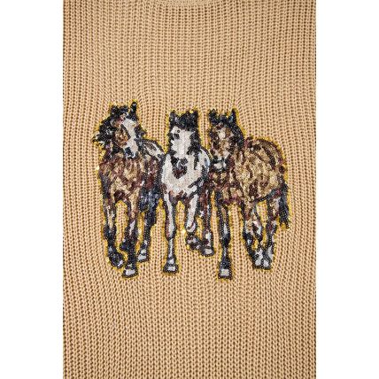 Parchment Sequin Horse Graphic Lightweight Knitted Sweater Vest