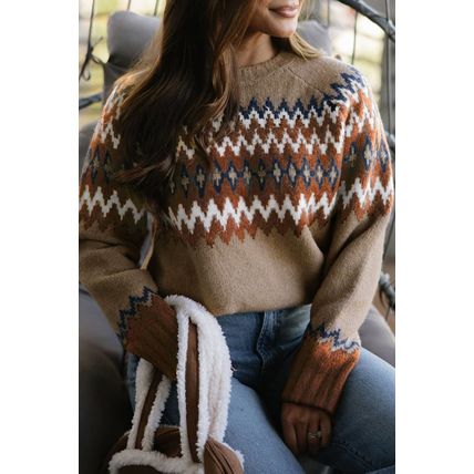 Khaki Aztec Print Colorblock Crew Neck Sweater
