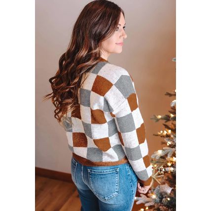 Brown Plus Size Checkered Crewneck Sweater