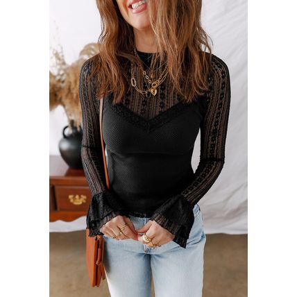 Black Lace Patchwork Flounce Sleeve Slim Fit Top