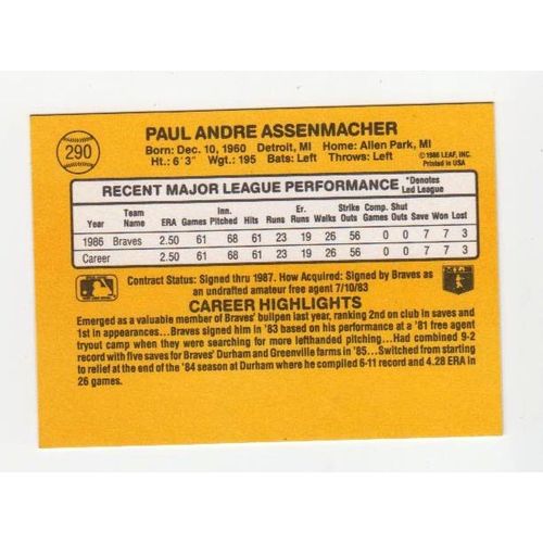 1987 Donruss Paul Assenmacher RC rookie card #290 -Braves