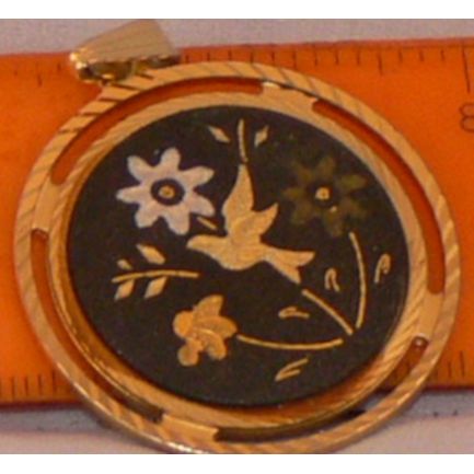 50s-60s Toledo Damascene Pendant Engraved Birds & Flowers