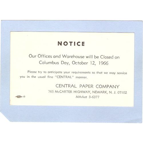 New Jersey Newark Advertising Card For Central Paper Co 765 McCarter Highw~959