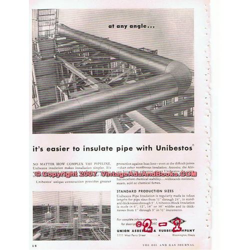 UNION ASBESTOS RUBBER COMPANY 1955 oil pipe insulation vintage ad