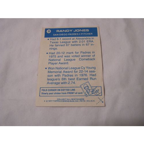 Randy Jones 1977 Topps CLOTH STICKER NO. 23