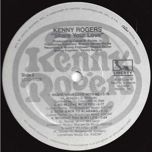 Liberty #LOO-1108 Kenny Rogers "Share Your Love" LP produced by Lionel Ritchie