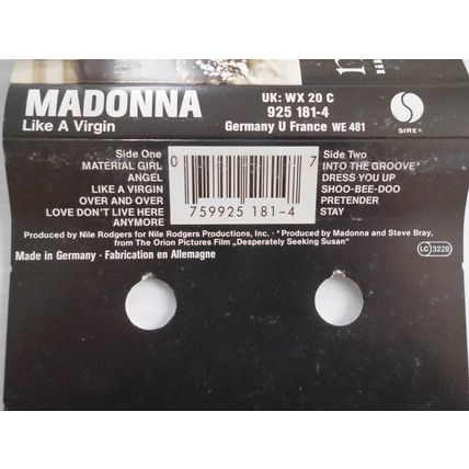 MADONNA CASS ALBUM. LIKE A VIRGIN .1985. SIRE WX 20 C. 925181-4,SILVER LABEL. EX