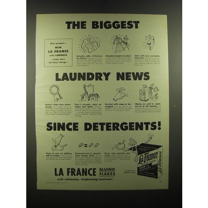 1949 La France Bluing Flakes Ad - The biggest laundry news since detergents
