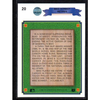 1990 Upper Deck Mike Schmidt Retires Card # 20