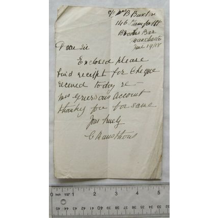 1918 letter C. Rausthorne, Brooks Bar, Manchester