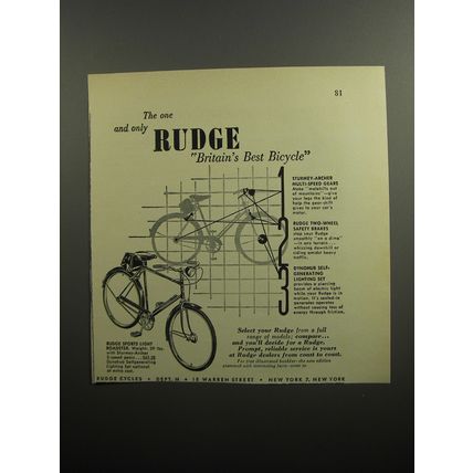 1951 Rudge Sports Light Roadster Bicycle Ad - The one and only Rudge