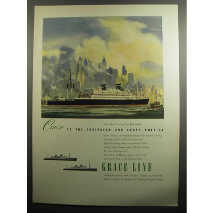 1951 Grace Line Cruise Ad - Santa Rosa Leaving New York Harbor