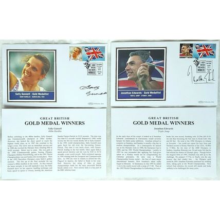 GOLD MEDAL WINNERS SALLY GUNNELL & JONATHAN EDWARDS HAND SIGNED AUTOGRAPHS