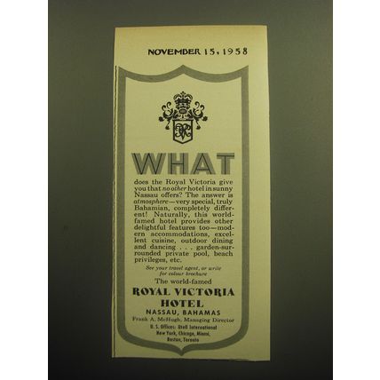 1958 Royal Victoria Hotel Ad - What does the Royal Victoria give you
