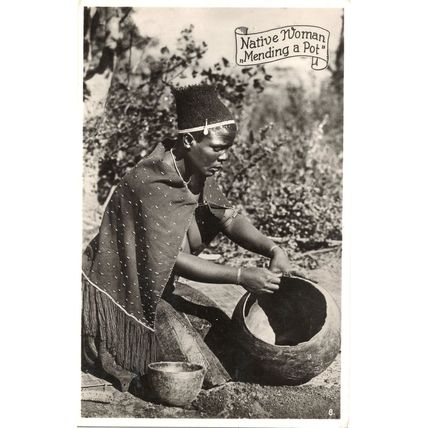 Native South African Woman Mending A Pot Real Photo Old Postcard