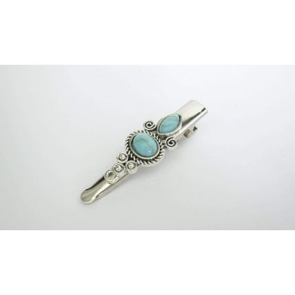 Turquoise blue stone and silver metal alligator hair clip for fine thin hair