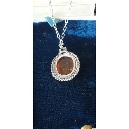 Antique Vintage 1940-s 925 Sterling Silver Natural Amber Pendant & 18 Inch Chain