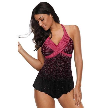 Turquoise Dot Print Halterneck Tankini Set