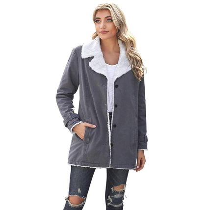 Gray Lapel Collar Button Fleece Jacket