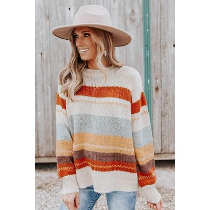 Crew Neck Drop-shoulder Striped Color Block Sweater