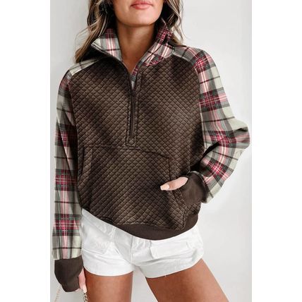 Khaki Printed Plaid Sleeve Patchwork Collared Textured Sweatshirt