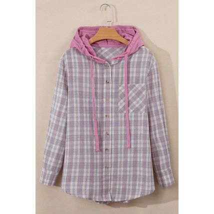 Pink Checkered Print Loose Fit Buttoned Hooded Shacket