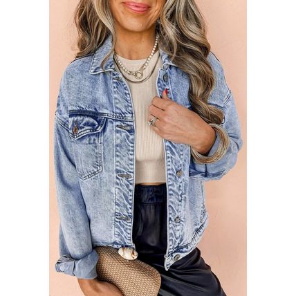 Beau Blue Vintage Washed Flap Pockets Denim Jacket
