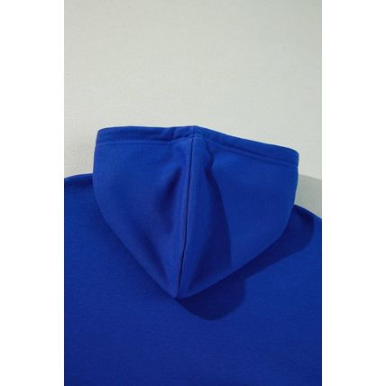Dark Blue Solid Drop Shoulder Drawstring Cropped Hoodie