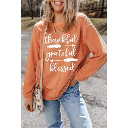 Orange thankful grateful blessed Arrow Graphic Corded Sweatshirt