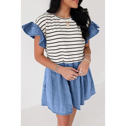 Black Stripe Ruffle Denim Patchwork Round Neck Mini Dress