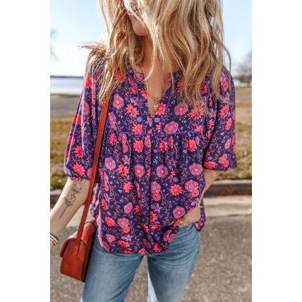 Purple Floral Half Sleeve Split Neck Blouse Top