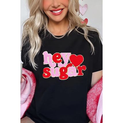 Black Chenille Heart hey sugar Patched Crewneck Valentines Tee