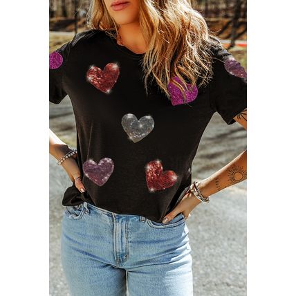 Black Sequin Heart Patched Pattern Crewneck Valentines Tee