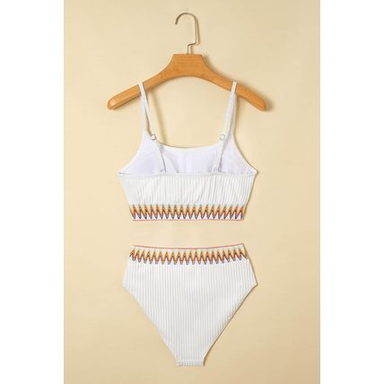 White Textured Contrast Banding Bikini High Waist 2pcs Swimsuit