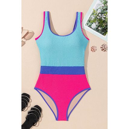 Rose Red Textured Color Block Patchwork One Piece Swimsuit