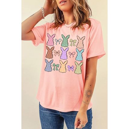 Pink Dotty Bunny Bow Printed Easter Day Fashion T Shirt