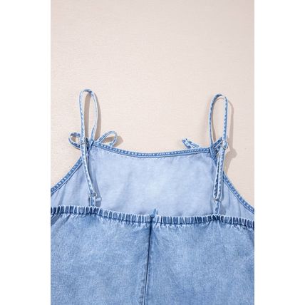 Beau Blue Bow Detail Spaghetti Straps Ruffle Hem Denim Short Dress