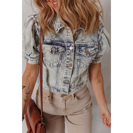 Beau Blue Light Wash Buttoned Chest Pocket Puff Sleeve Denim Jacket