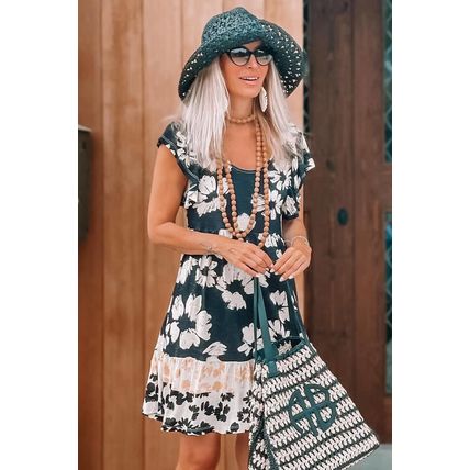 Green Floral Print Ruffle Sleeve Empire Waist Mini Dress