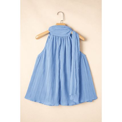 Myosotis Textured Pleated Tied Mock Neck Flowy Tank Top