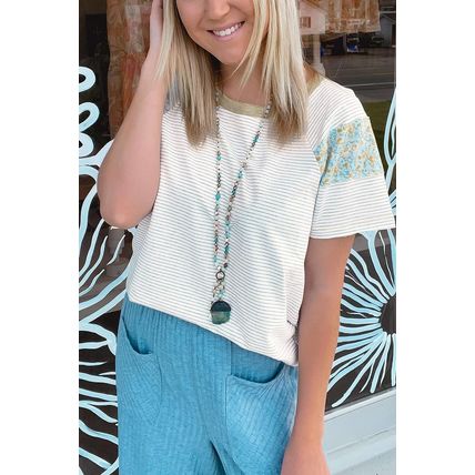 White Stripe Floral Insert Sleeves Contrast Round Neck Tee