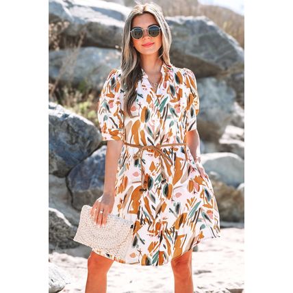 Brown Abstract Printed Puff Sleeve Button Up Braided Belt Mini Dress