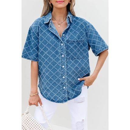 Dusk Blue Checkered Textured Short Sleeve Patched Pocket Denim Shirt