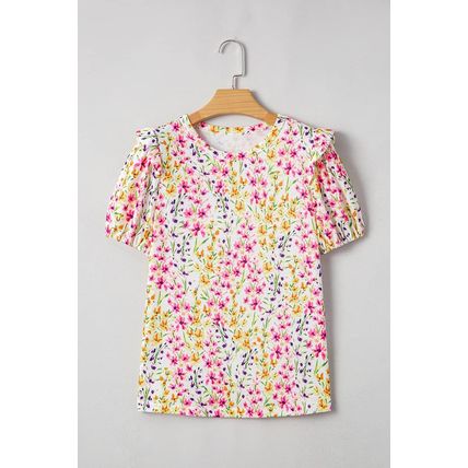 Pink Floral Puff Short Sleeve Crewneck Blouse