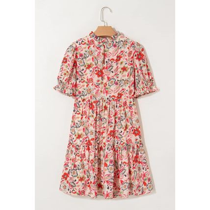 Multicolour Floral Print Frilled Neck Puff Sleeve High Waist Dress