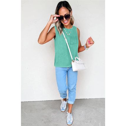Sea Green Mineral Wash Patched Chest Pocket Casual Tank Top